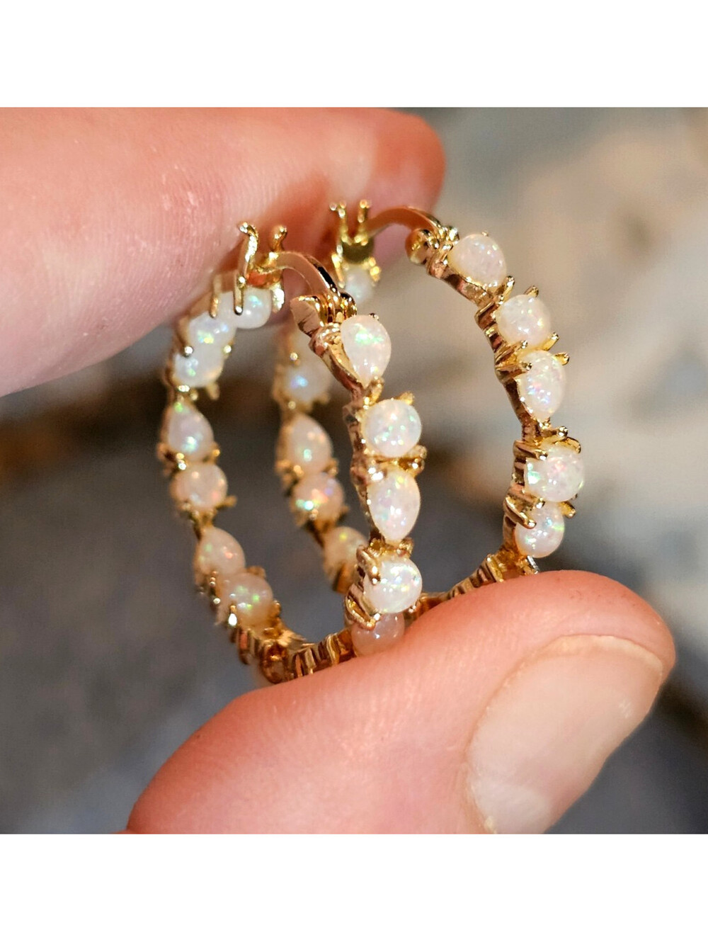 14K Gold-Plated Lab-Created Opal Hoop Earrings – 1 inch Lightweight NWT - Picture 2 of 7
